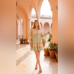 Ananta Floral V-Neck Dress in Green and Pink Sequins Boho L/XL NWT Easter Mother